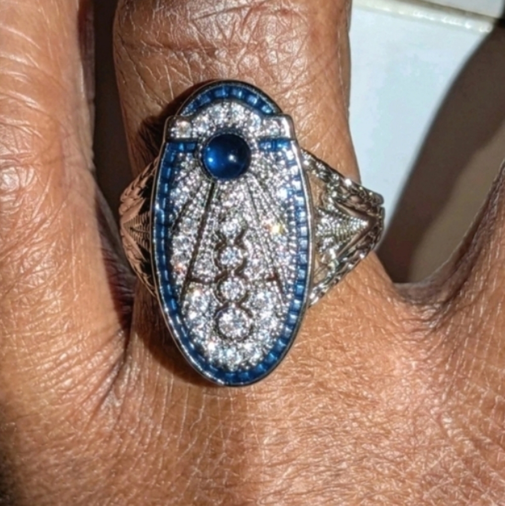 Art Deco Style Lab Created diamond Sapphire Wedding 14k White Gold Plated Sz 10 - Picture 6 of 15
